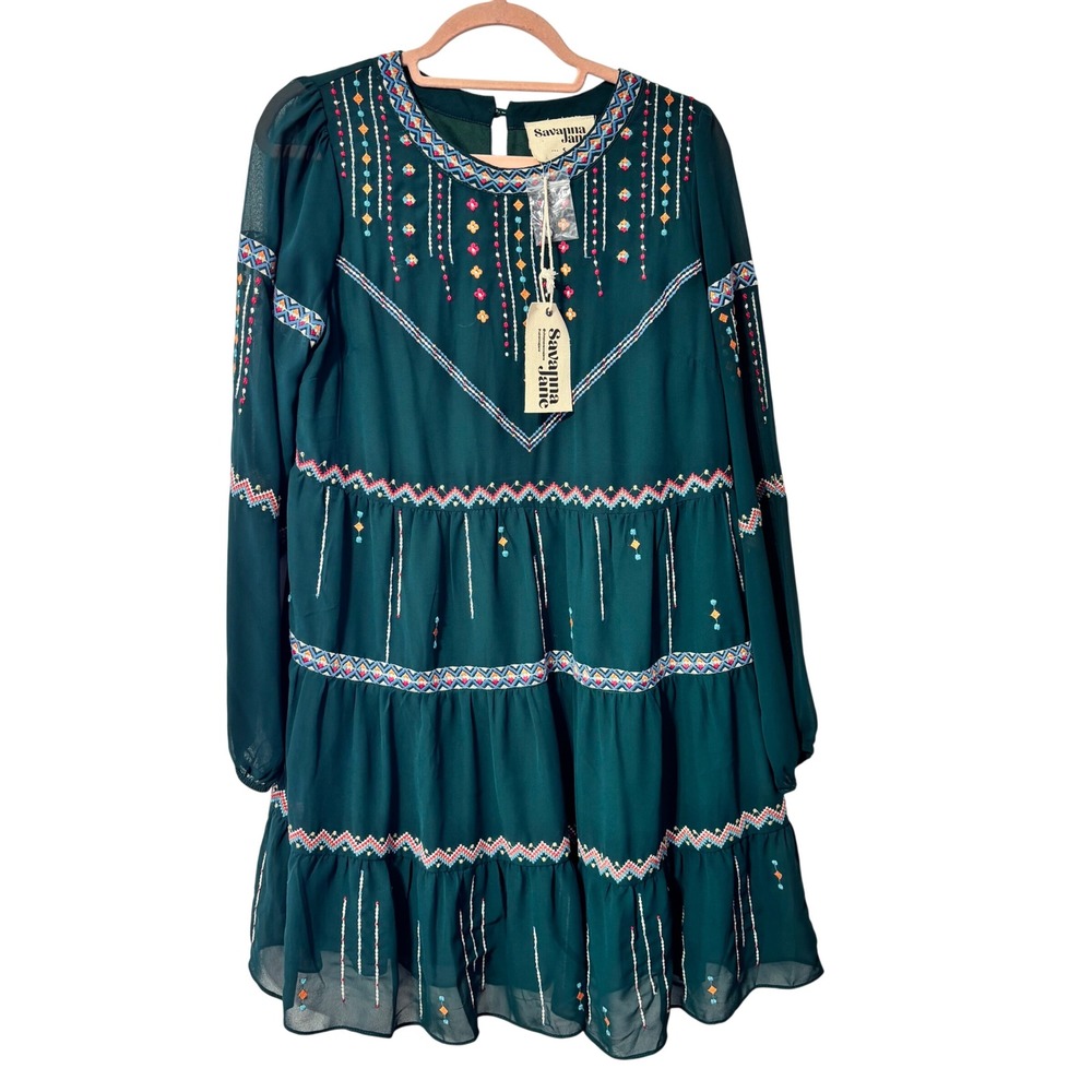 Savanna Jane Dark Green Embroidered Beaded Tiered Babydoll Dress Small NWT